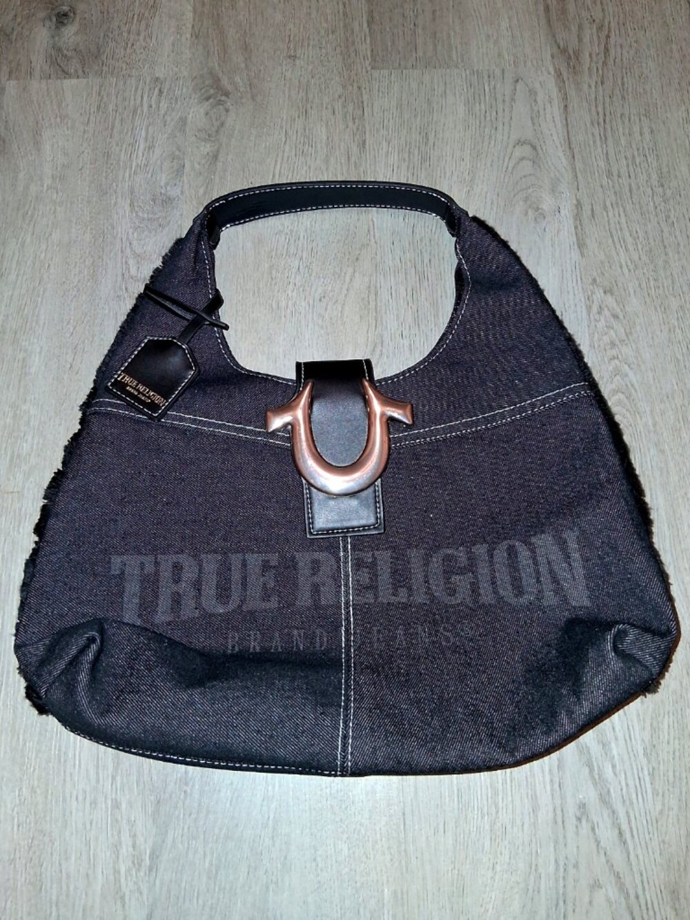 True Religion Horseshoe Logo Frayed Denim Hobo Bag Purse Shoulder Bag Blue Black